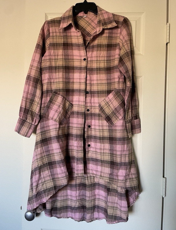 Olrain Pink Plaid Collared Shirt Dress Button Front Pockets Long Sleeve S