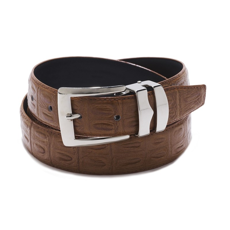 RUST BROWN Bonded Leather Belt HORNBACK ALLIGATOR Pattern Silver-Tone Buckle