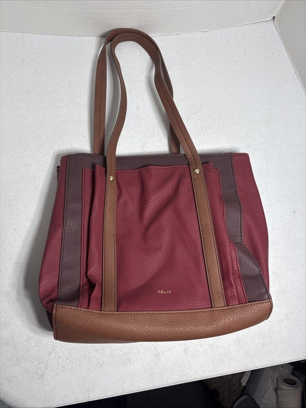 Relic Shoulder Tote Bag Purse Pebbled Faux Leather Burgundy And Brown