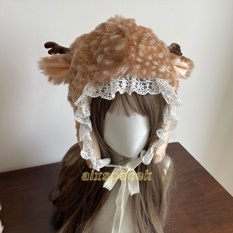 Kawaii Lolita Reindeer Deer Faux Fur Warm Plush Hat Furry Boots Socks Christmas gallery