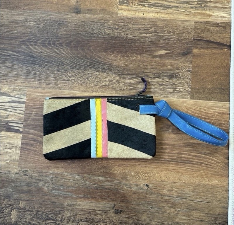 Hobo Striped Zip Wristlet Pouch Small Lined Blue Wrist Strap Gold Hardware