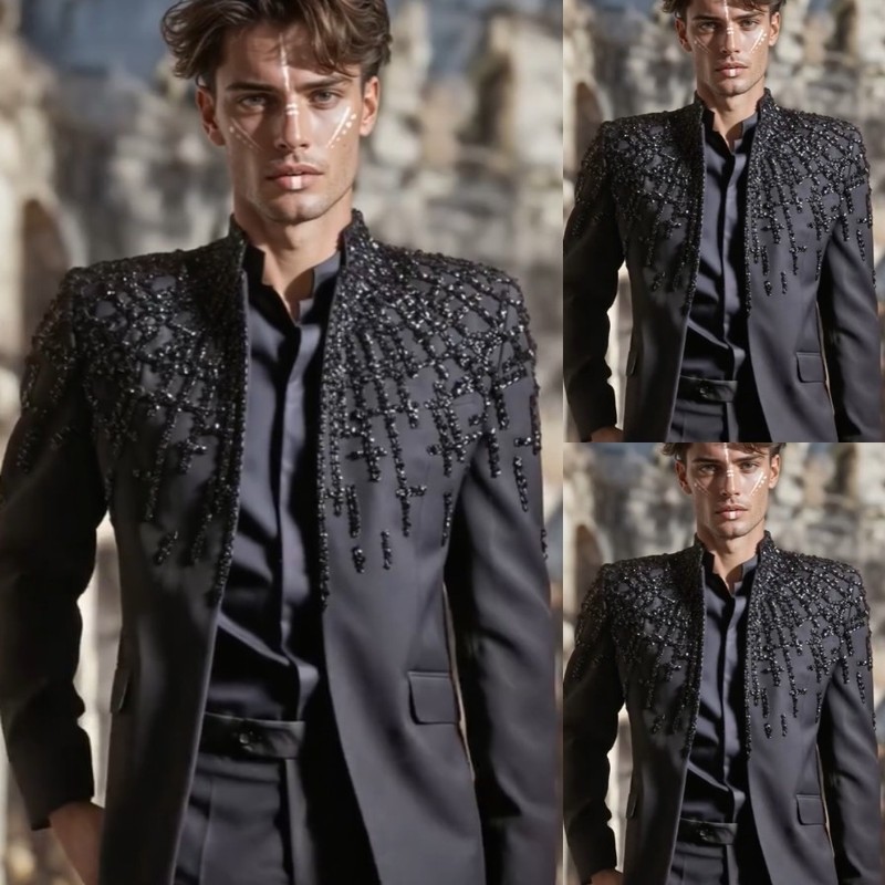Prom Dinner Men’s Suits Beading Glitter Sparkly Coat Black Sequined Jacket 2Pcs