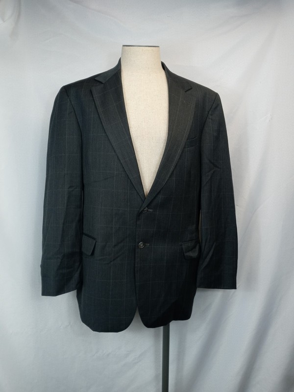 Common Market Mens Sport Coat Blazer 44L Charcoal Gray Windowpane Wool Blend