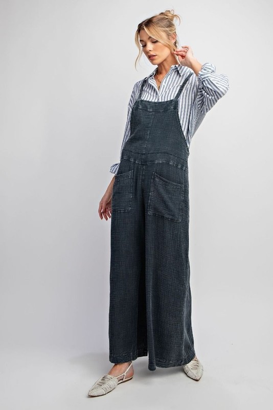 Easel Here I Am Mineral Wash Cotton Overalls in Faded Denim Medium gallery