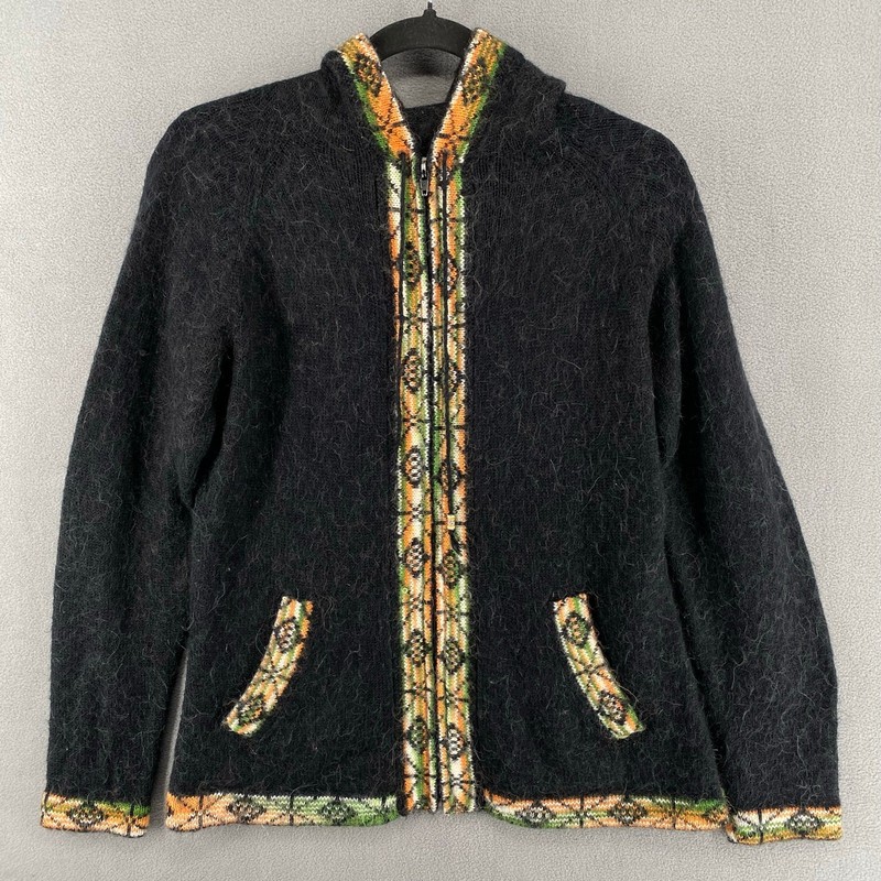 Alpaca Collection Handmade Full Zip Cardigan Sweater Womens L Black Hood