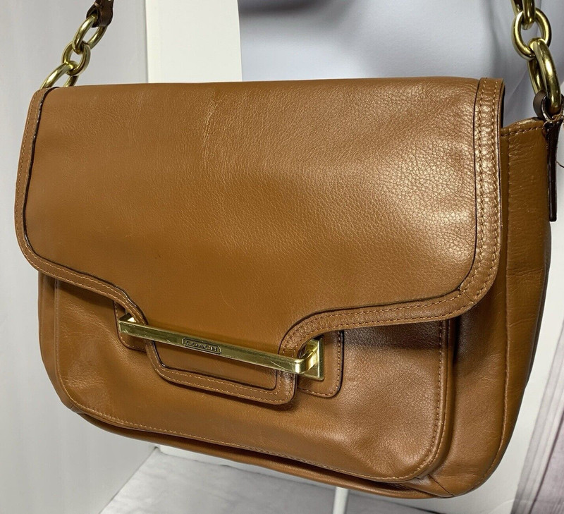Coach Taylor Leather Shoulder Messenger Tan Camel Tab Handbag Flap Tab F27481