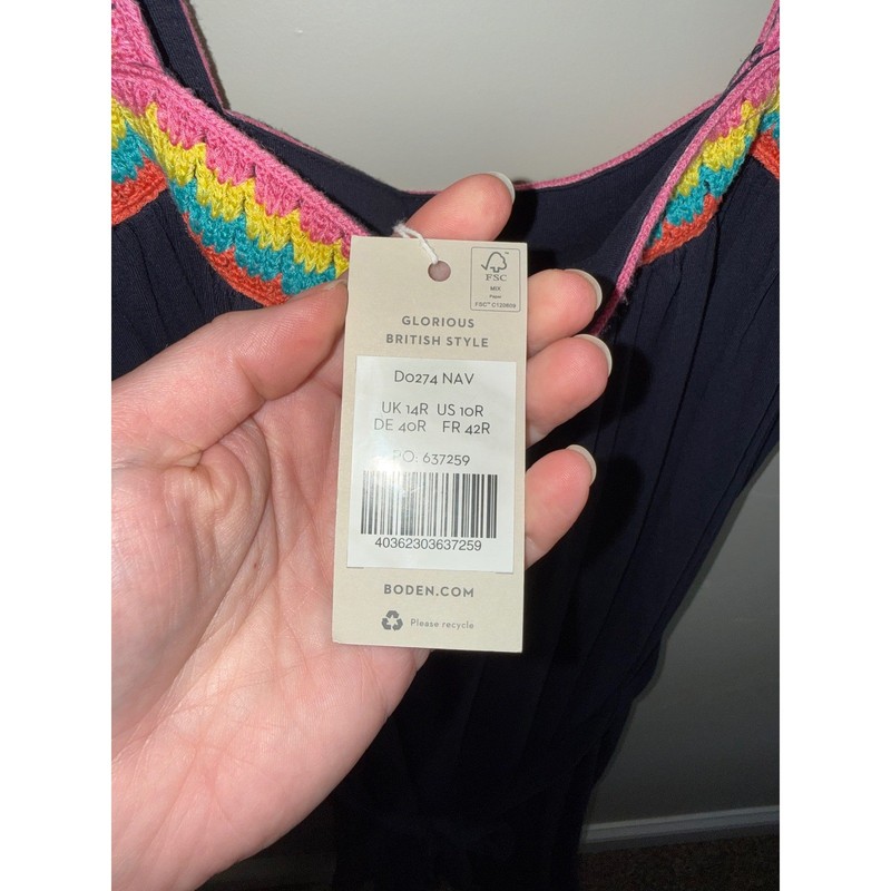 Boden Navy Blue Crochet Trim Maxi Dress Rainbow Straps Jersey US 10 NEW gallery