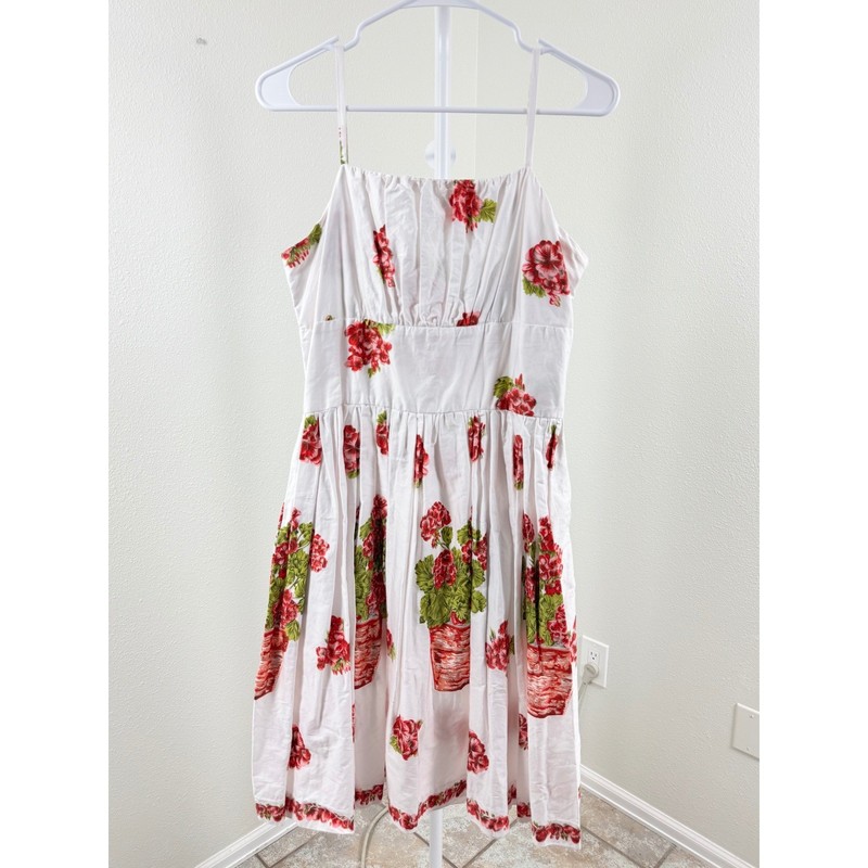 Retrospec’d Geranium Floral Flower Pot Print Fit and Flare Dress White Red US 10