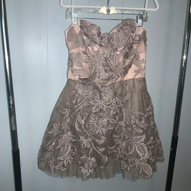Gather Beauty taupe brocade floral lace embellished strapless dress Sz 10 lined
