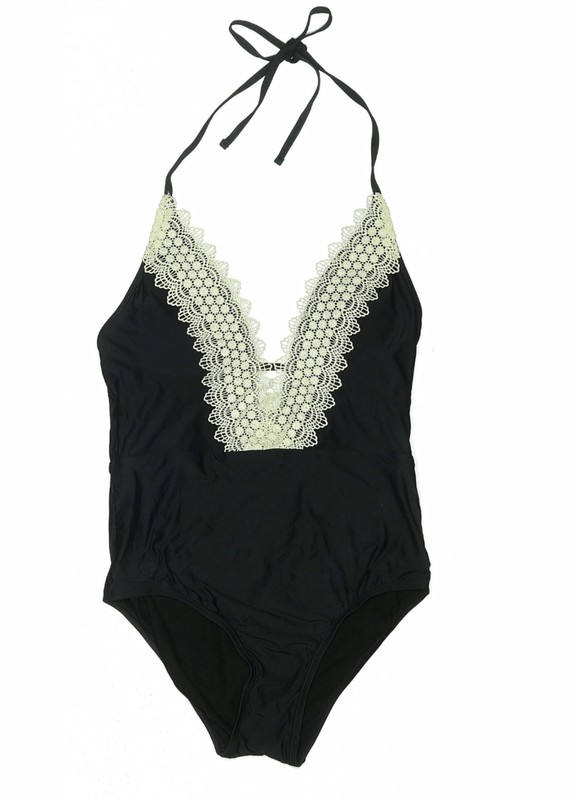 Angel Suit Brand W-size M Black/Cream Crochet V-neck line One Piece Swimsuit.