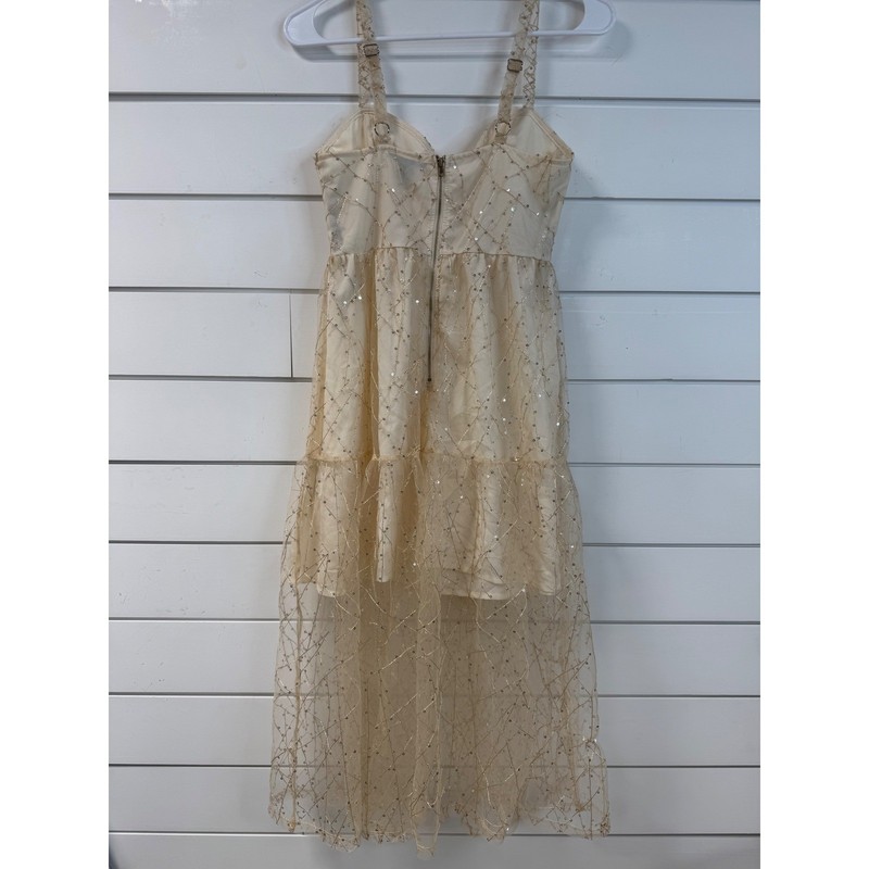 Forever 21 Cream Gold Sequin Mesh Midi Dress Small Sweetheart Tiered Ruffle Boho gallery