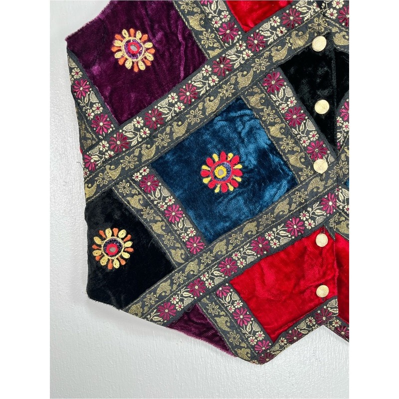 Vintage 1990s Velvet Patchwork Vest Embroidered Button-Up Medium Jewel Tones gallery