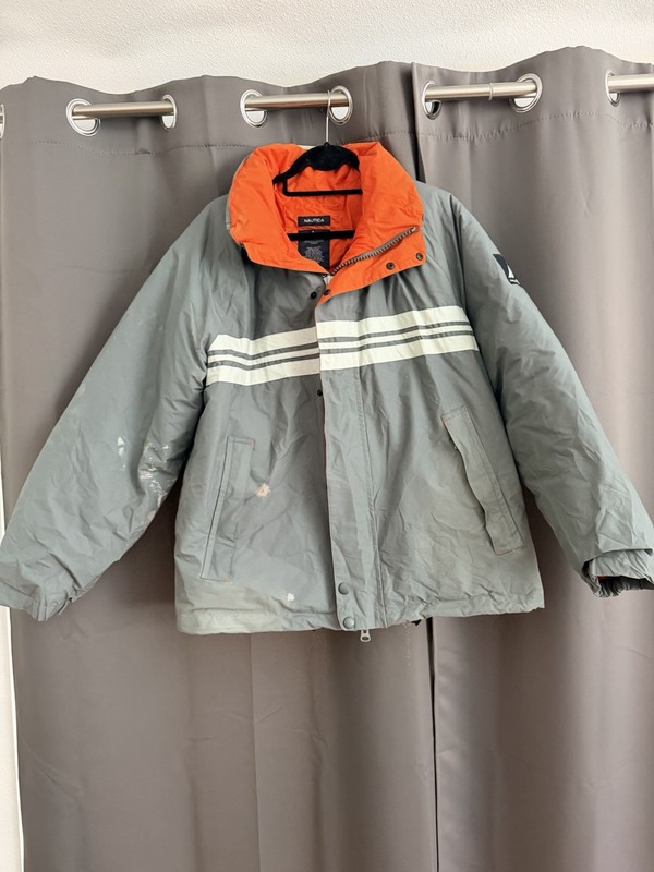 Nautica Men's Gray Orange Striped Jacket L Full Zip Stand-Up Collar Logo