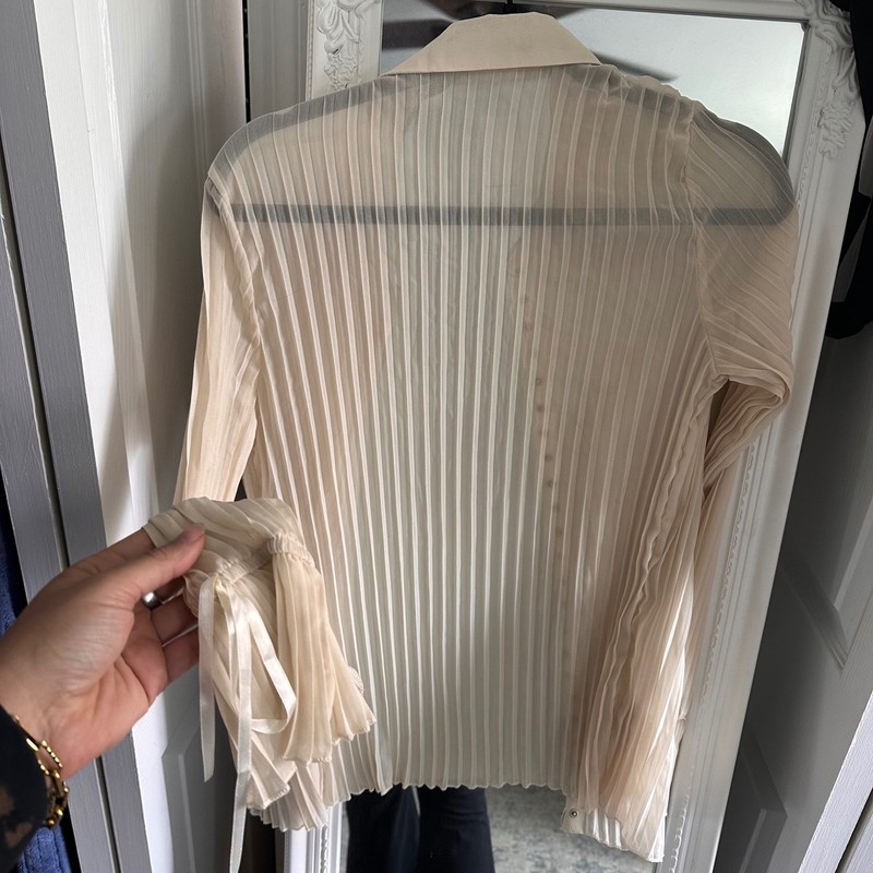 Shein Pleated Blouse Womens Medium Cream Sheer Ribbon Flared Cuff Snap Top gallery