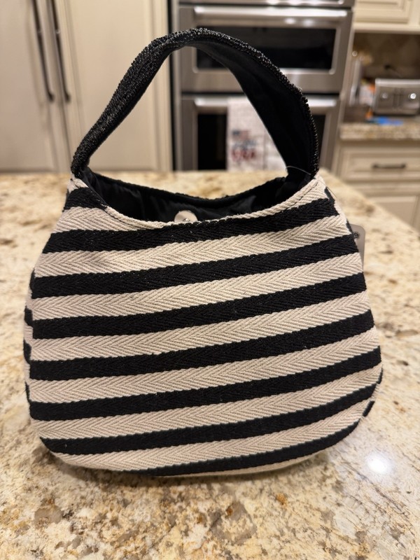 Lulu Black Beaded Toucan Striped Small Satchel Top Handle Bag Snap Closure gallery