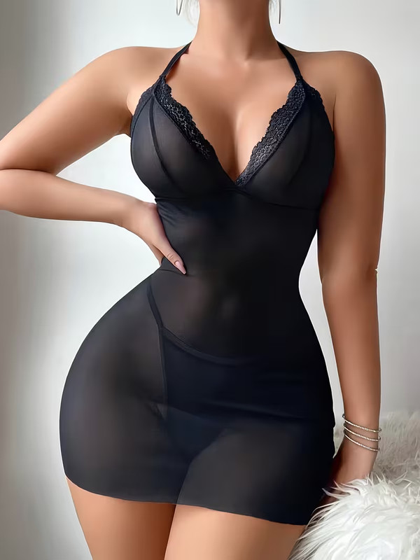 NEW Small Sexy 2-Piece Black Lingerie Bodycon. Backless Pearl String Babydoll. gallery