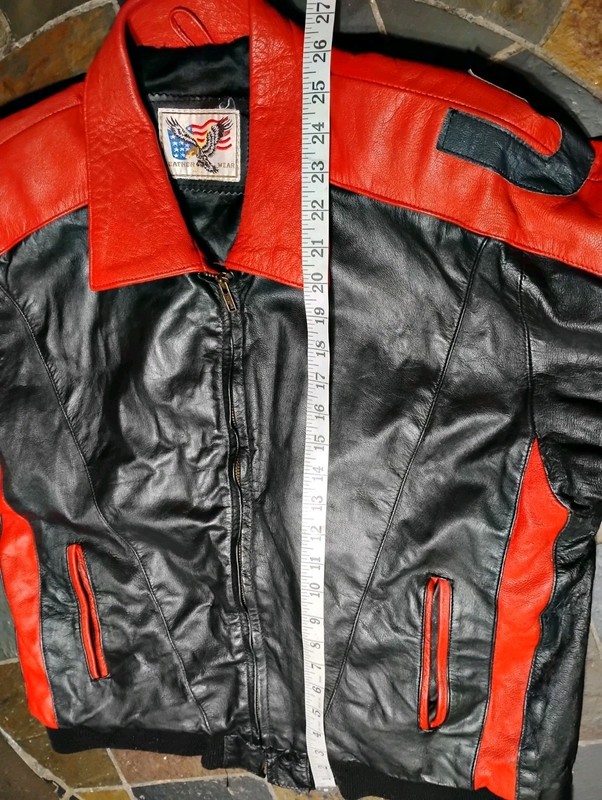 Vintage Leatherworks USA Flag Leather Riding Motorcycle Jacket Mens Med Red Blak gallery