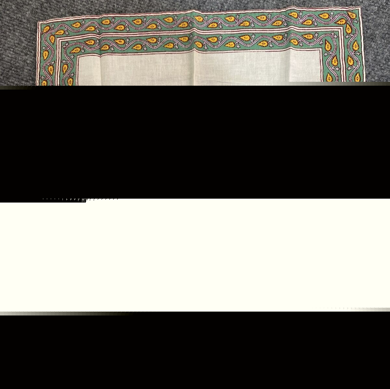 Vintage Hankie Hankerchief White Green Yellow Leaf Double Border