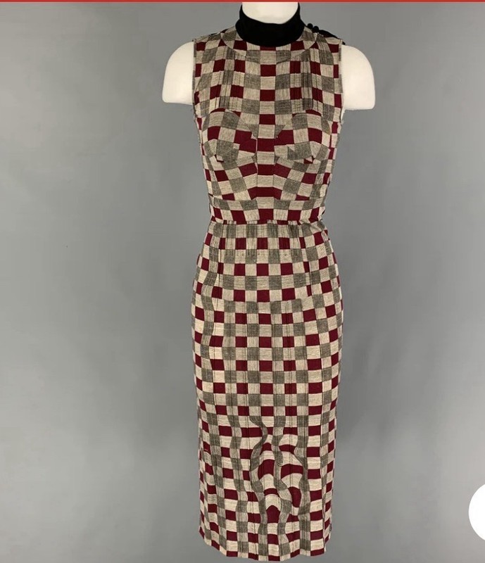 Prada Women’s Sheath Midi Dress Sleeveless High Neck Check Burgundy/Beige 38
