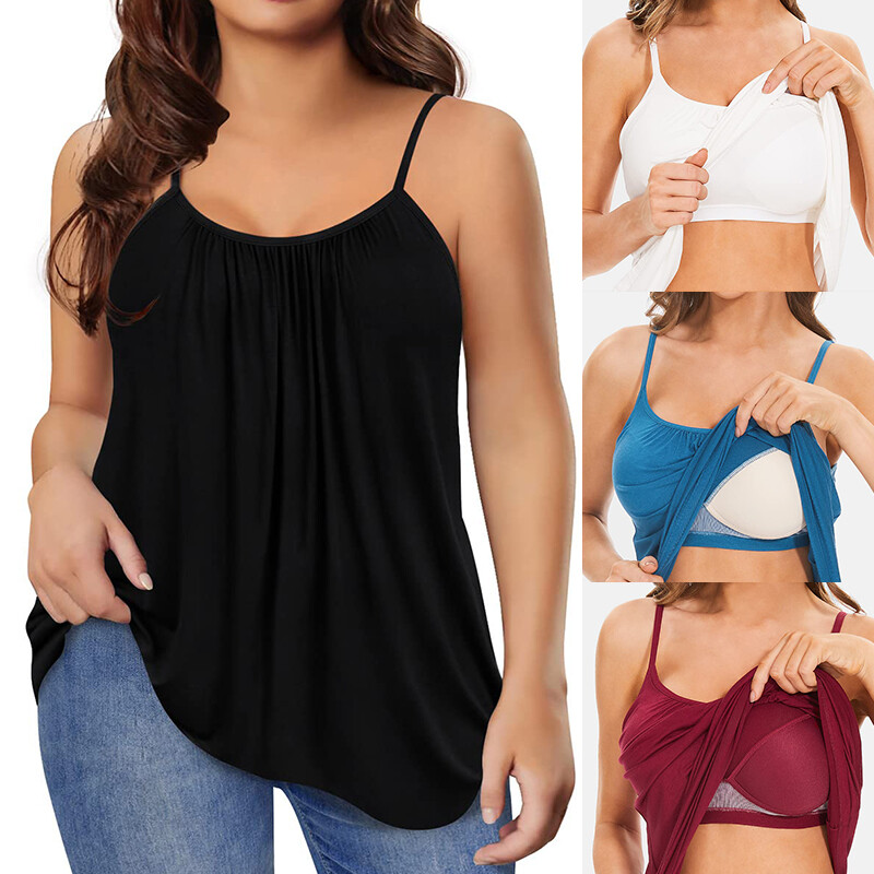 Women Swing Flowy Cami Built in Pad Bra Spaghetti Strap Tank Tops Vest Plus Size gallery
