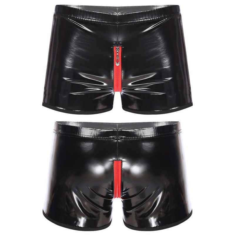 Mens Patent Leather Boxer Underwear Zipper Button Underpants Underwear Nightwear
