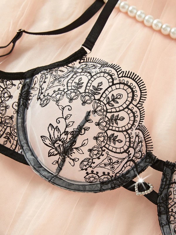 Women Sexy Bra Panty Set Lace Green Mesh Lingerie Floral Intimate See Through gallery