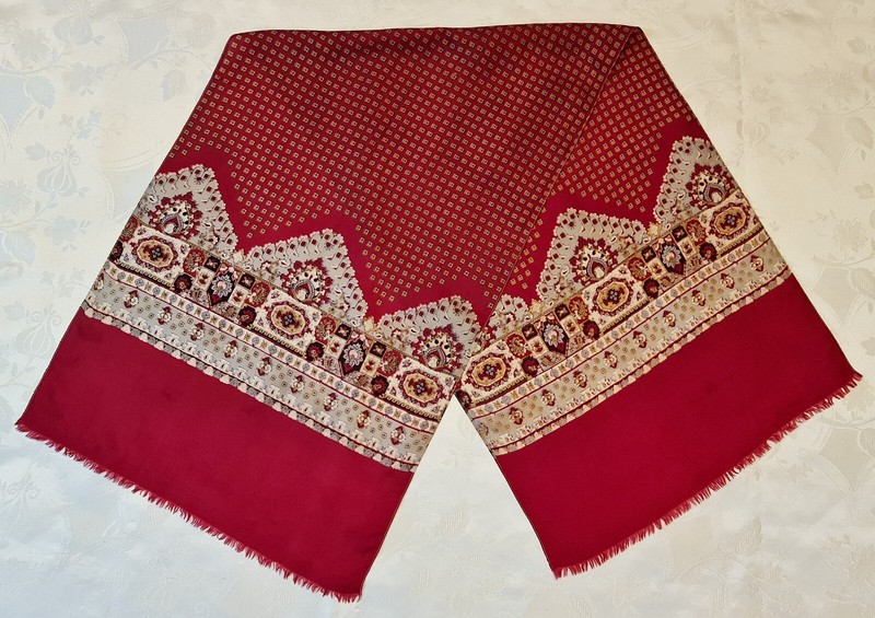 SCARF VINTAGE AUTHENTIC GEOMETRIC ART BURGUNDY BEIGE GRAY SILK LONG MENS