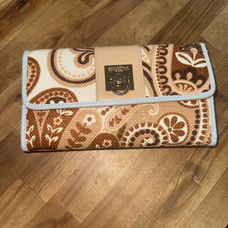 Spartina 449 Tan Leather Paisley Blue Leather and Canvas Portal Wallet READ