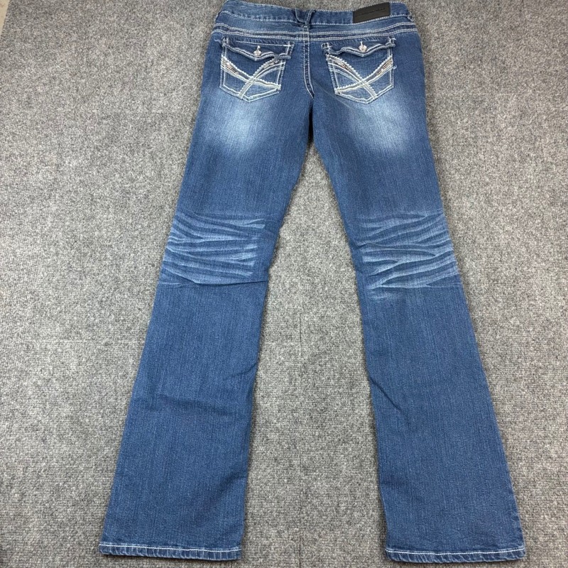 Twentyone Black Rue21 Womens 7/8R Distressed Bootcut Jeans Blue Thick Stitch Y2K gallery