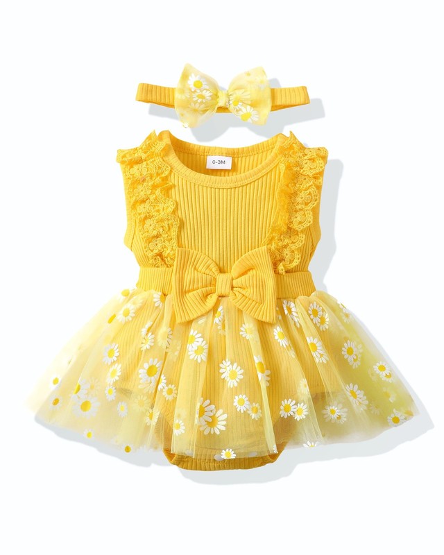 Newborn Baby Girl Yellow Daisy Romper Flower Tulle Dress Boho Summer Coming H…