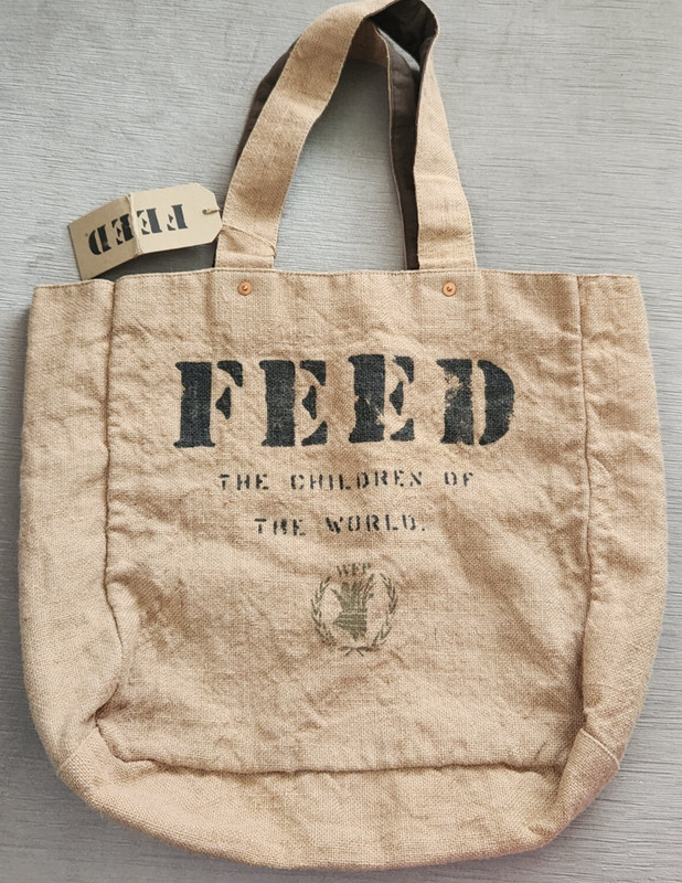 FEED Reversable Burlap Tote Bag With Interior Slip Pockets