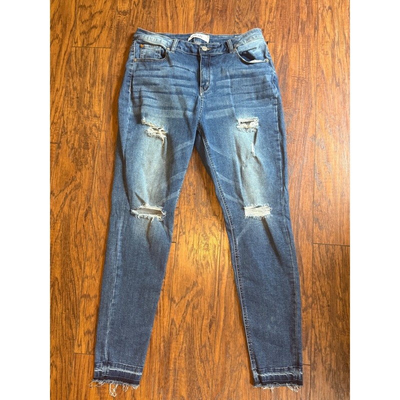 Enjean Womens Distressed Skinny Jeans Medium Wash Raw Hem Plus Size 1X
