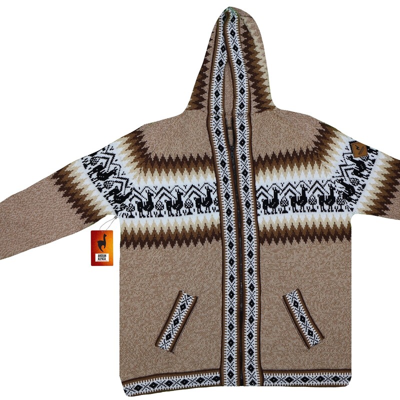 MEN HANDMADE ANDEAN ALPACA DARK BEIGE ZIP HOODIE SWEATER SZ L gallery