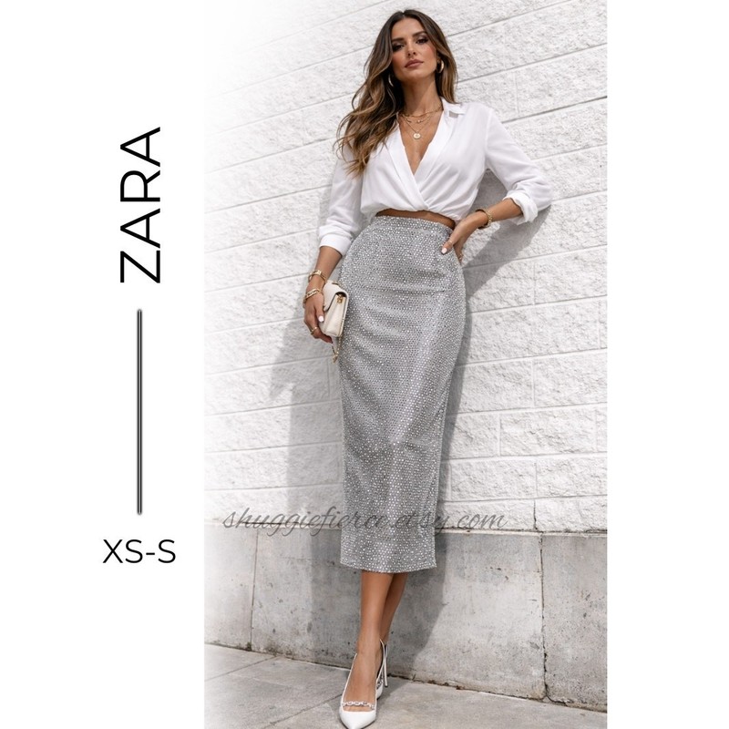 MSRP: $119 | ✨ Zara Rhinestone Studded Midi Skirt – XS | Fully Lined Glam ✨