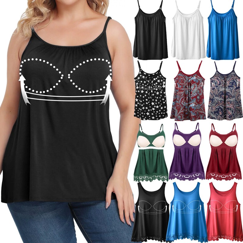 Women Camisole with Built in Bra Adjustable Strap Flowy Tank Tops Cami Plus Size