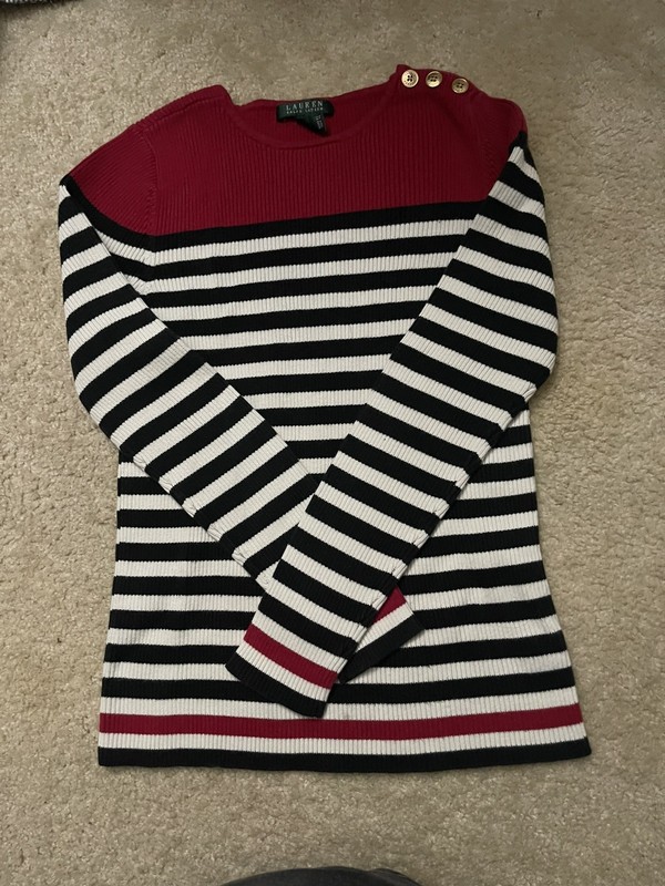 Lauren Ralph Lauren Women Red, Black & White Striped Sweater Sz L Ribbed Stretch