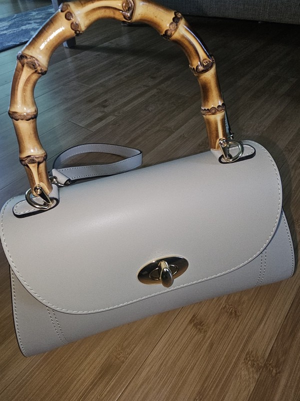 Divina Firenze Beige Small Top Handle Bag Bamboo Handle Detachable Strap