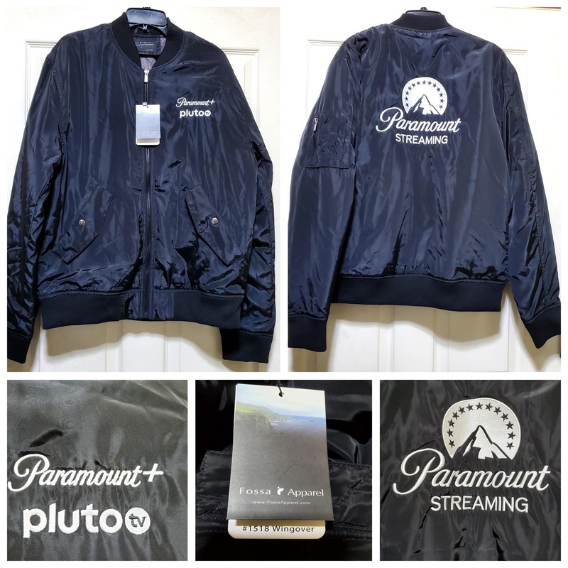 Paramount Pictures Jacket Mens Large Black Bomber Pluto TV Streaming Logo Satin