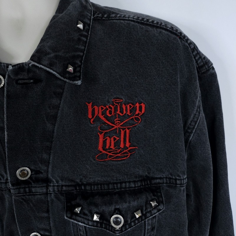VTG Haleman Denim Jacket Mens XL Black Heaven & Hell Studded Jeans Grunge READ gallery