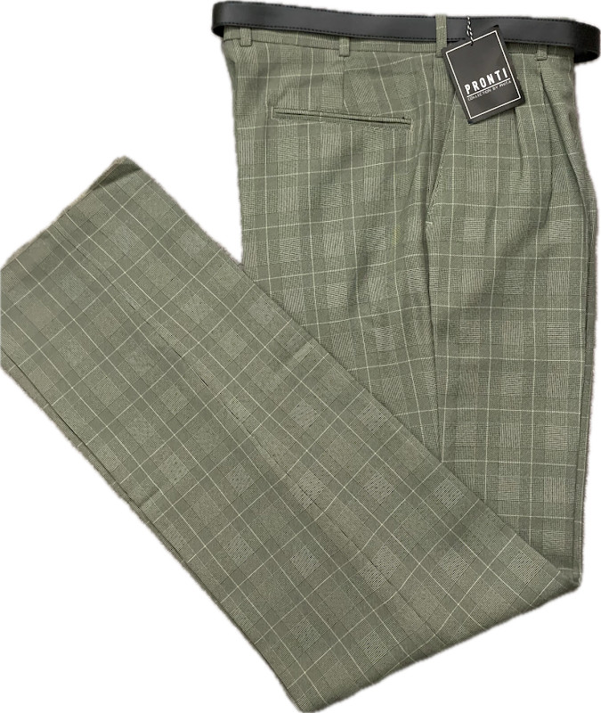 NWT Pronti Mens Pleated Dress Pants Green Plaid Slacks Unfinished Hem With Belt gallery