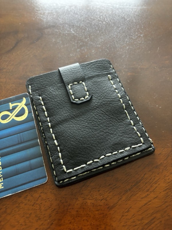 Black Leather ID & Card Holder w/ Strap Closure, White Stitching, Unisex gallery
