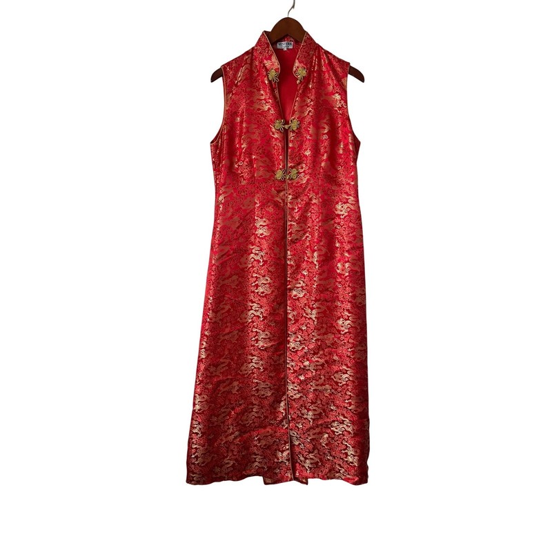 Vestern Fashion Red Gold Dragon Brocade Cheongsam Qipao Maxi Dress L Sleeveless