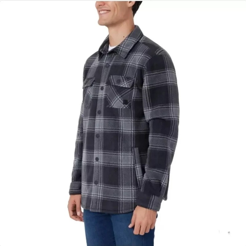 VOYAGER Men's Heavyweight Polar Fleece Shirt Jacket Sherpa Lined Black Plaid, XL gallery