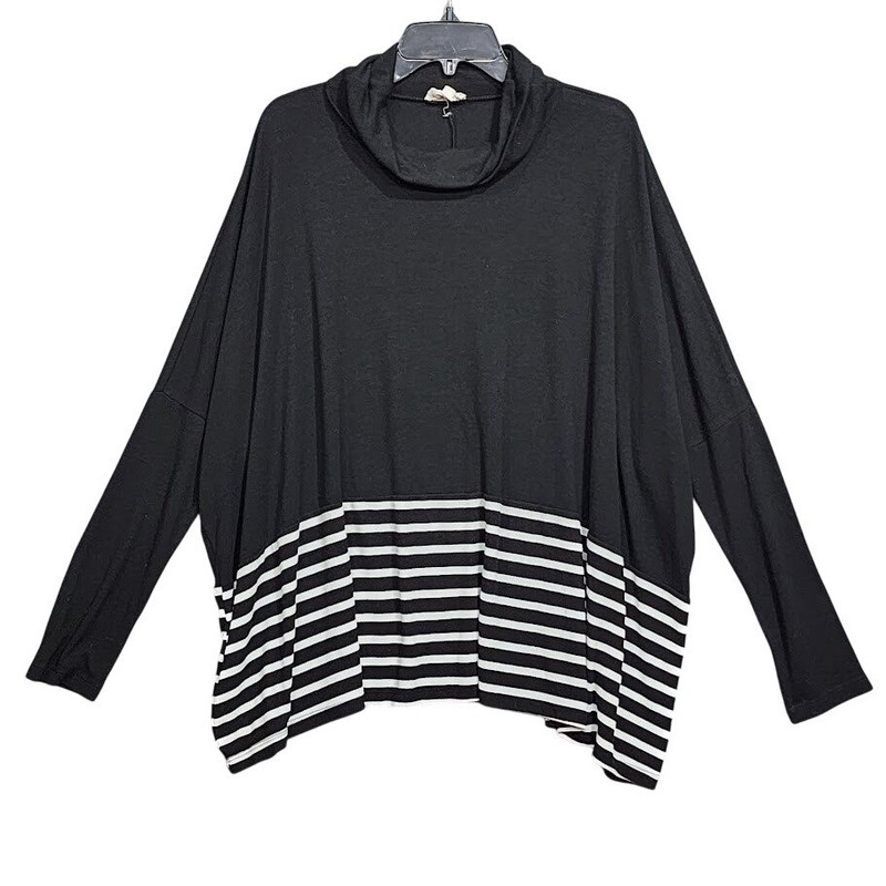 Betsy’s Boutique Shop Black White Striped Cowl Neck Dolman Sleeve Top Blouse