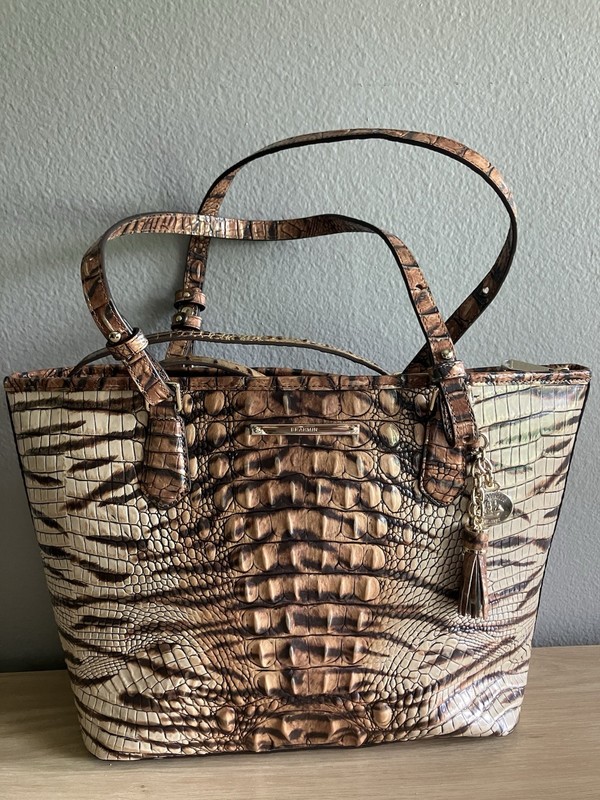 Women’s Brown/Beige Embossed Snake Animal Print Zip Tote w/ Tassel, Pockets