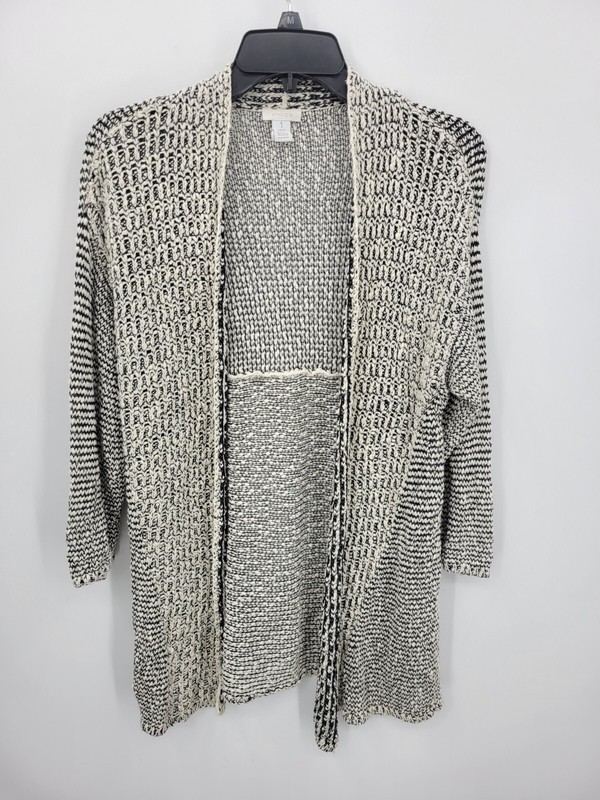 Chicos Cardigan Sweater Womens Medium 1 Black Ivory Marl Open Front Boho Artsy