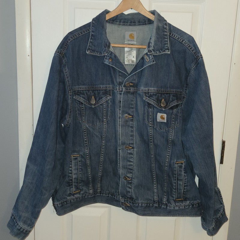 Carhartt Button Up Blue Denim Trucker Jacket Men’s Size 2XL Medium Wash J12 DST