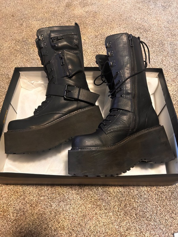 Dolls Kill Current Mood Boots 10 Black Combat Platform Obsidian Zipper Goth Punk gallery