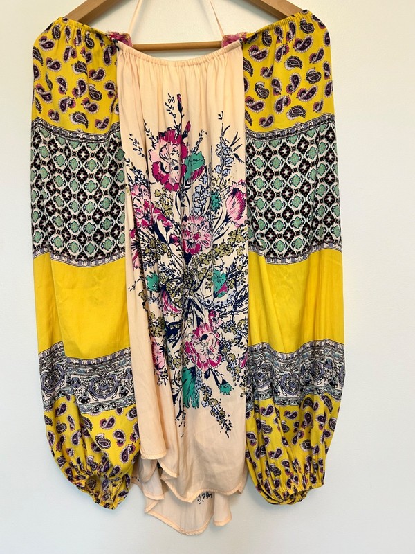 Free People Positano Boho Top LG Festival Floral Off Shoulder Asymmetric Peasant gallery