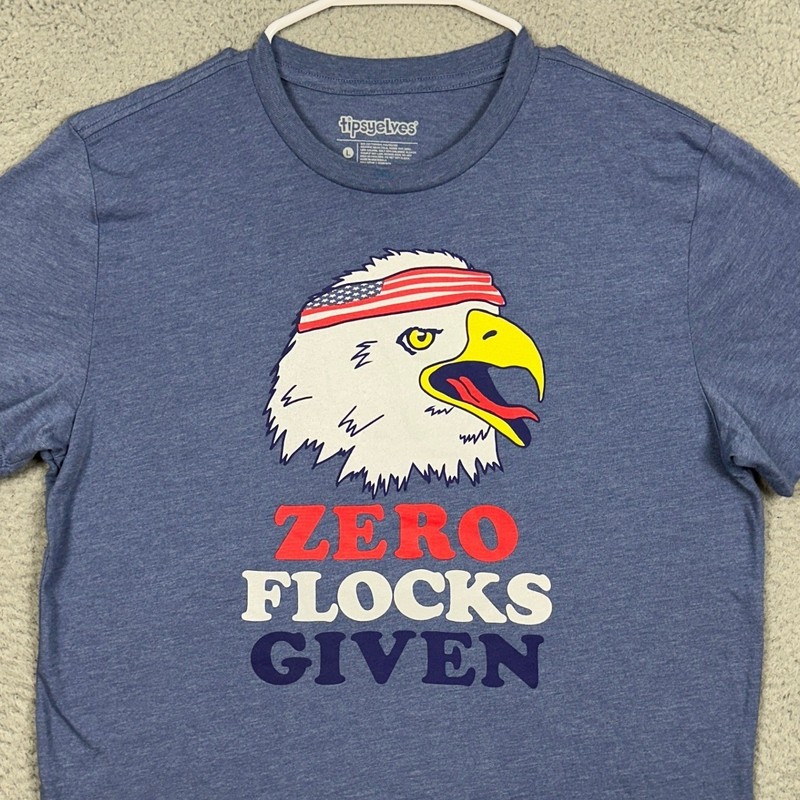 Tipsy Elves T-Shirt Mens Large Blue Zero Flocks Given Bald Eagle Graphic Tee EUC